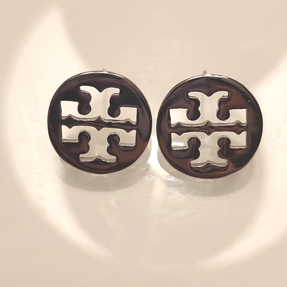 Tory Burch silver button logo earrings